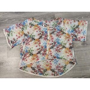 Mudd Women's Small Boho Floral Sheer Button Front Blouse Top Hi-Low Hem Pom Trim